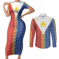 Philippines Sun Couples Matching Short Sleeve Bodycon Dress and Long Sleeve Button Shirt Igorot Tribal Inspiration LT05 Colorful - Polynesian Pride