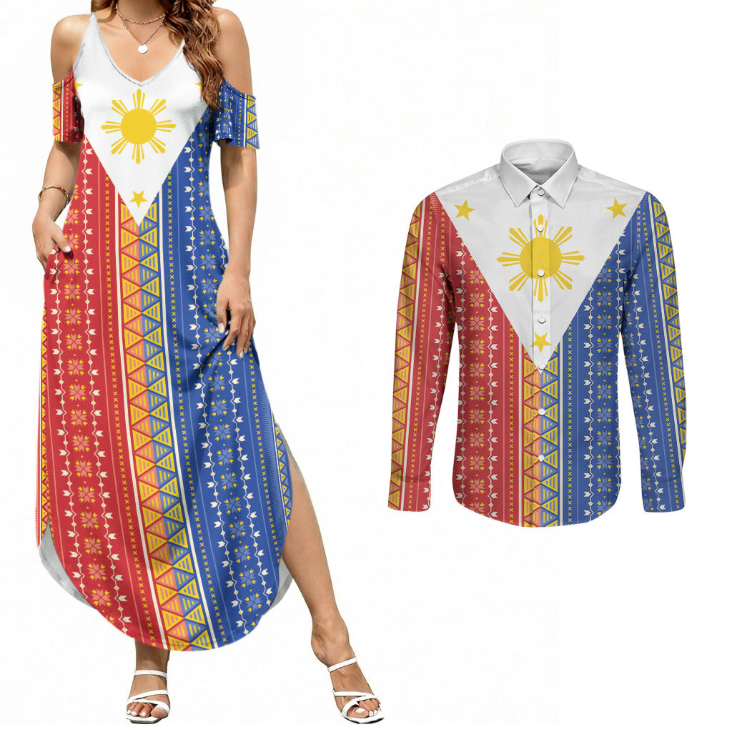 Philippines Sun Couples Matching Summer Maxi Dress and Long Sleeve Button Shirt Igorot Tribal Inspiration LT05 Colorful - Polynesian Pride