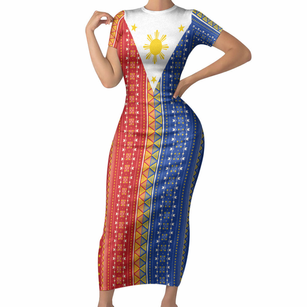 Philippines Sun Short Sleeve Bodycon Dress Igorot Tribal Inspiration LT05 Long Dress Colorful - Polynesian Pride