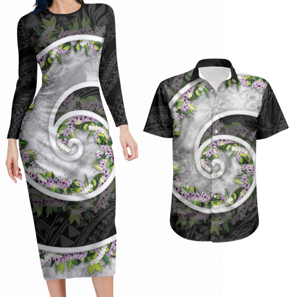 Piko Hawaii Couples Matching Long Sleeve Bodycon Dress and Hawaiian Shirt Polynesian Pattern With Maile Pikake Honohono Lei LT05 Black - Polynesian Pride