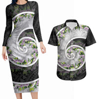Piko Hawaii Couples Matching Long Sleeve Bodycon Dress and Hawaiian Shirt Polynesian Pattern With Maile Pikake Honohono Lei LT05 Black - Polynesian Pride