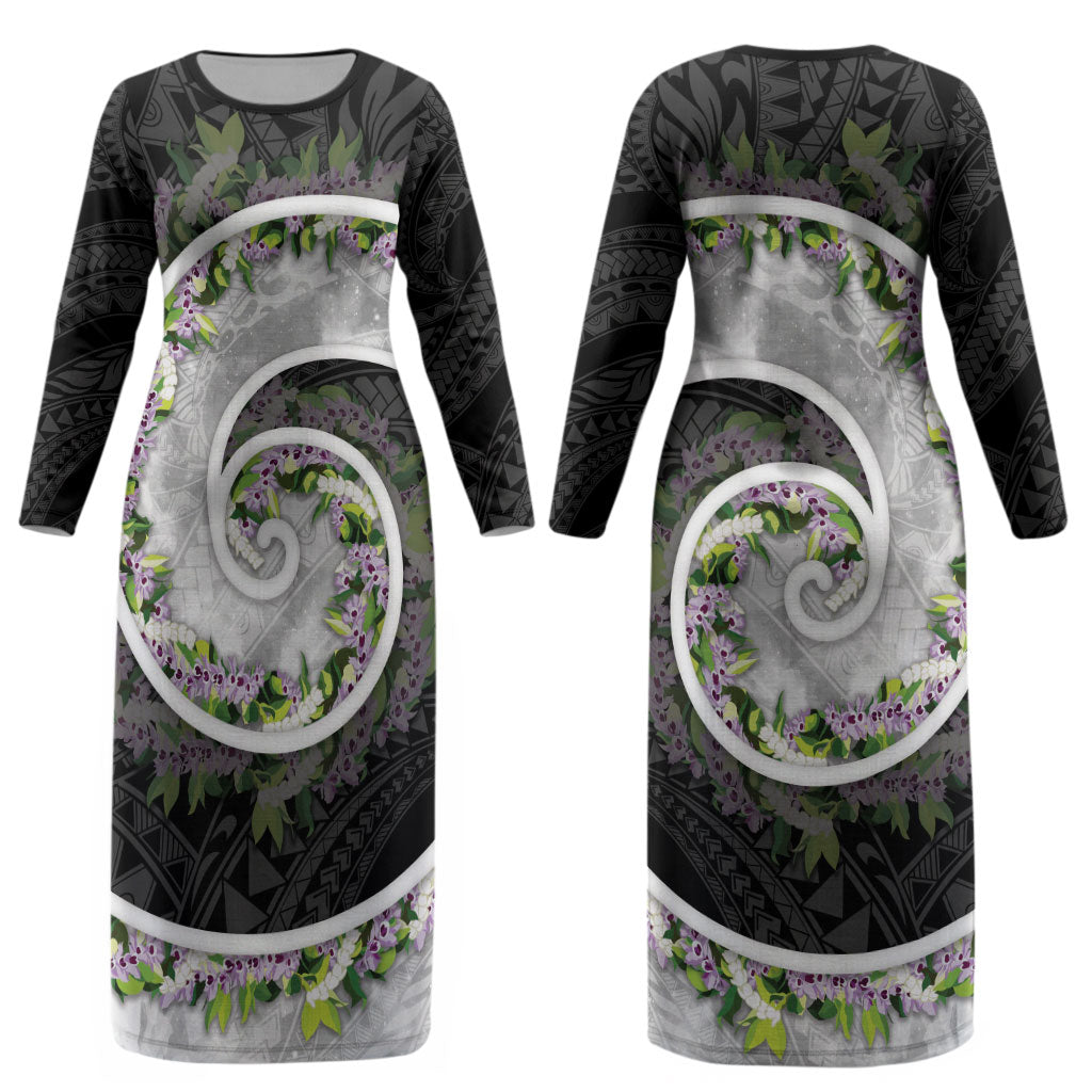 Piko Hawaii Couples Matching Long Sleeve Bodycon Dress and Hawaiian Shirt Polynesian Pattern With Maile Pikake Honohono Lei LT05 - Polynesian Pride