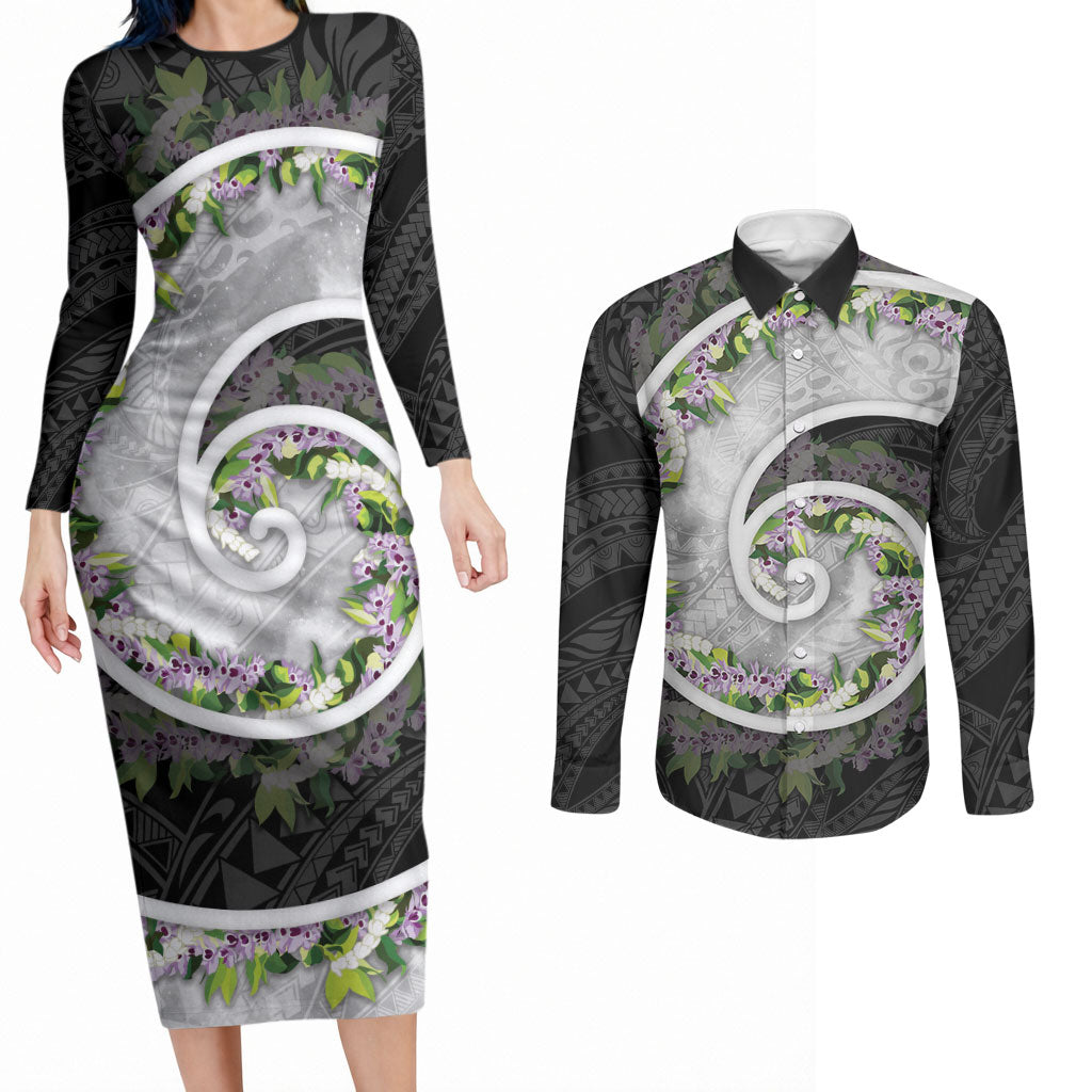 Piko Hawaii Couples Matching Long Sleeve Bodycon Dress and Long Sleeve Button Shirt Polynesian Pattern With Maile Pikake Honohono Lei LT05 Black - Polynesian Pride
