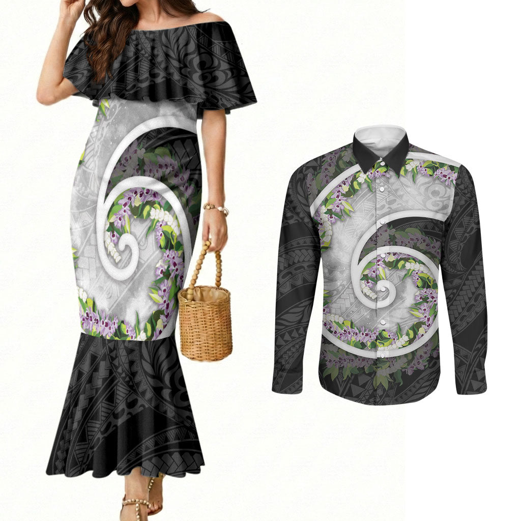Piko Hawaii Couples Matching Mermaid Dress and Long Sleeve Button Shirt Polynesian Pattern With Maile Pikake Honohono Lei LT05 Black - Polynesian Pride