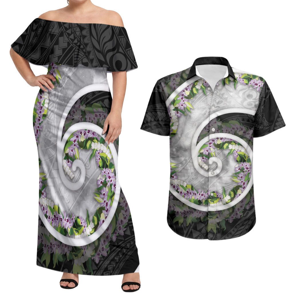 Piko Hawaii Couples Matching Off Shoulder Maxi Dress and Hawaiian Shirt Polynesian Pattern With Maile Pikake Honohono Lei LT05 Black - Polynesian Pride