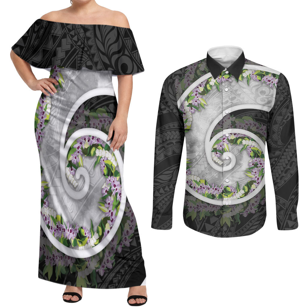 Piko Hawaii Couples Matching Off Shoulder Maxi Dress and Long Sleeve Button Shirt Polynesian Pattern With Maile Pikake Honohono Lei LT05 Black - Polynesian Pride