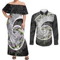 Piko Hawaii Couples Matching Off Shoulder Maxi Dress and Long Sleeve Button Shirt Polynesian Pattern With Maile Pikake Honohono Lei LT05 Black - Polynesian Pride