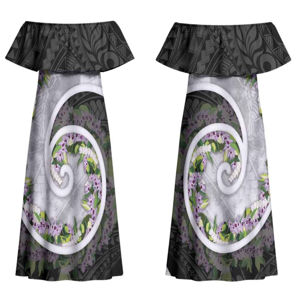 Piko Hawaii Couples Matching Off Shoulder Maxi Dress and Long Sleeve Button Shirt Polynesian Pattern With Maile Pikake Honohono Lei LT05 - Polynesian Pride