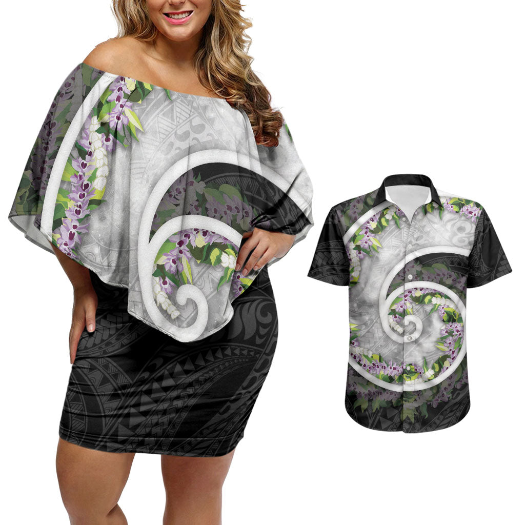 Piko Hawaii Couples Matching Off Shoulder Short Dress and Hawaiian Shirt Polynesian Pattern With Maile Pikake Honohono Lei LT05 Black - Polynesian Pride