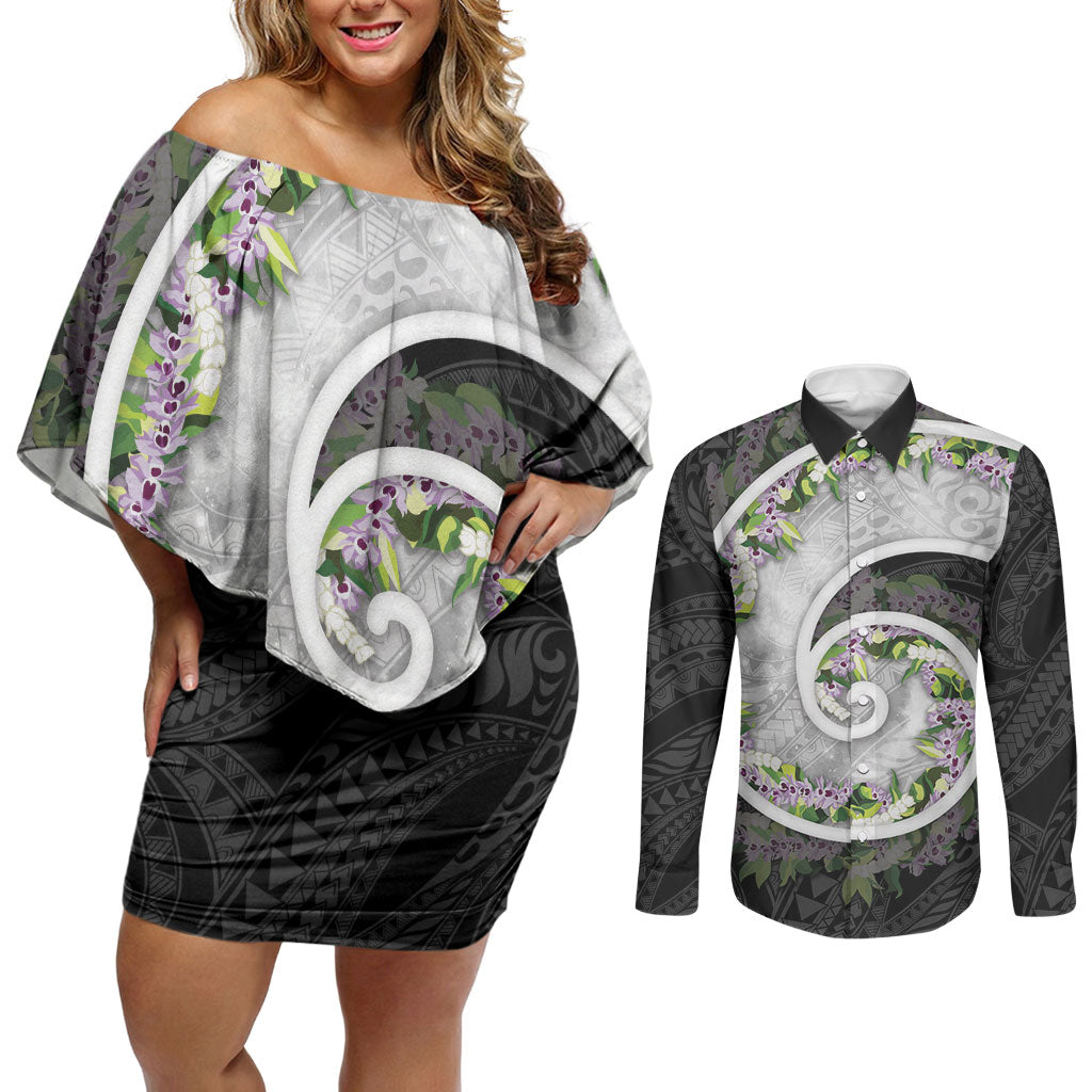 Piko Hawaii Couples Matching Off Shoulder Short Dress and Long Sleeve Button Shirt Polynesian Pattern With Maile Pikake Honohono Lei LT05 Black - Polynesian Pride