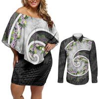 Piko Hawaii Couples Matching Off Shoulder Short Dress and Long Sleeve Button Shirt Polynesian Pattern With Maile Pikake Honohono Lei LT05 Black - Polynesian Pride