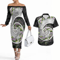 Piko Hawaii Couples Matching Off The Shoulder Long Sleeve Dress and Hawaiian Shirt Polynesian Pattern With Maile Pikake Honohono Lei LT05 Black - Polynesian Pride