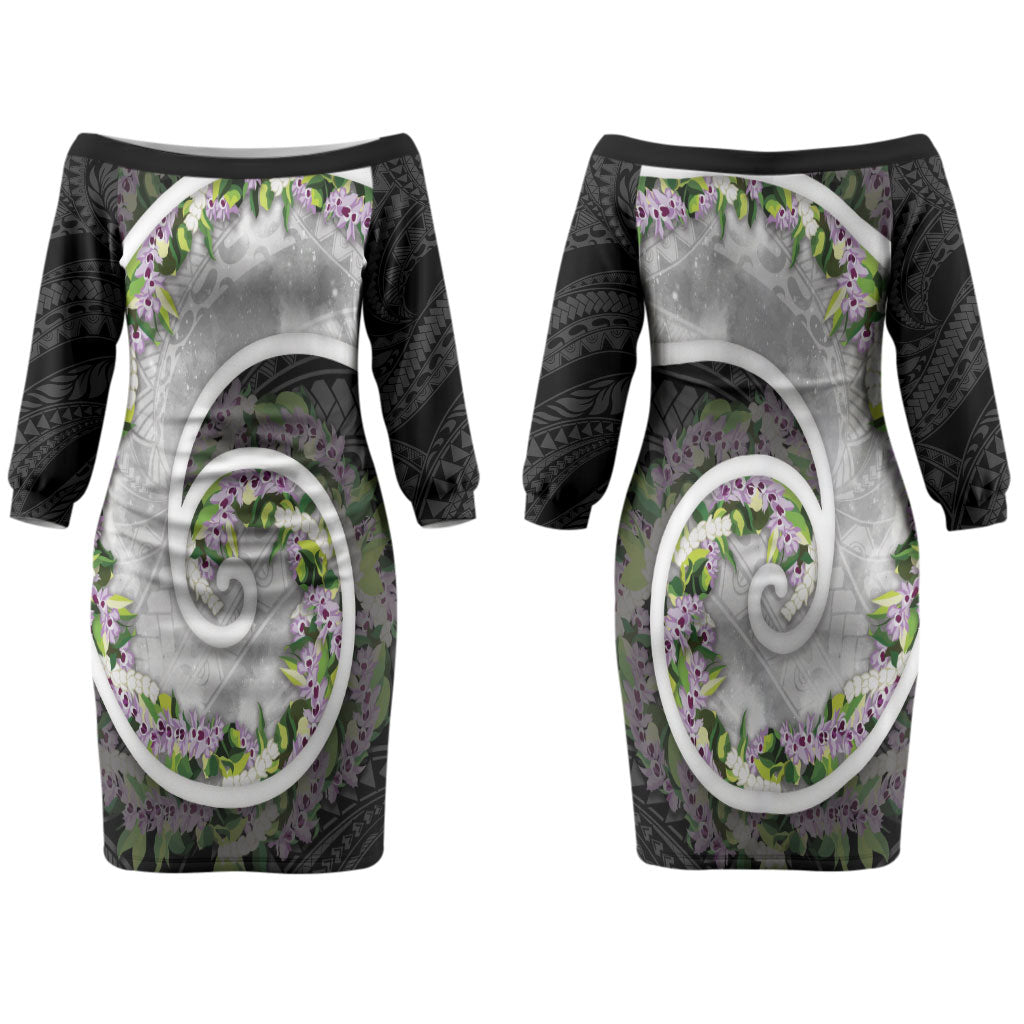 Piko Hawaii Couples Matching Off The Shoulder Long Sleeve Dress and Hawaiian Shirt Polynesian Pattern With Maile Pikake Honohono Lei LT05 - Polynesian Pride