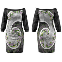 Piko Hawaii Couples Matching Off The Shoulder Long Sleeve Dress and Hawaiian Shirt Polynesian Pattern With Maile Pikake Honohono Lei LT05 - Polynesian Pride