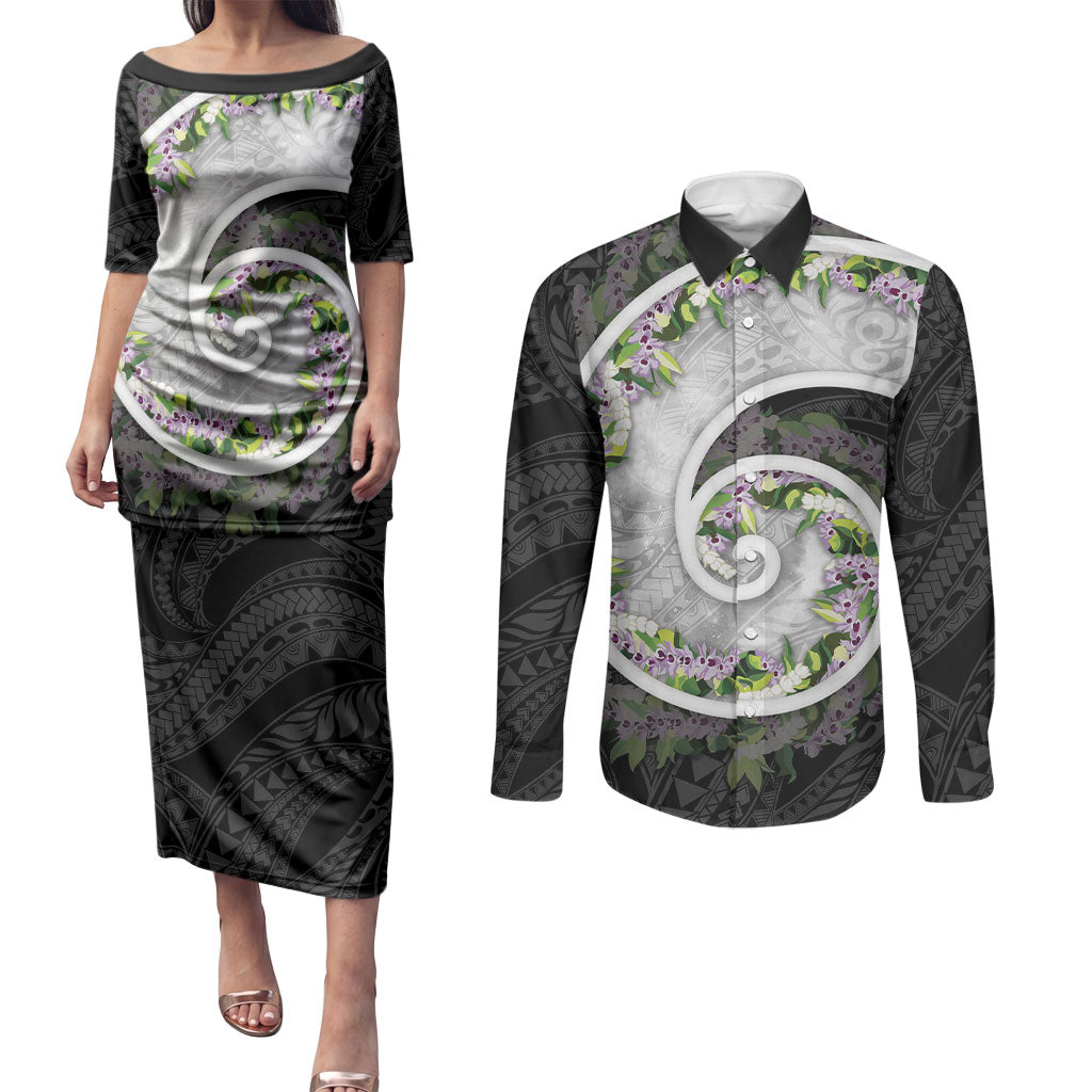 Piko Hawaii Couples Matching Puletasi and Long Sleeve Button Shirt Polynesian Pattern With Maile Pikake Honohono Lei LT05 Black - Polynesian Pride