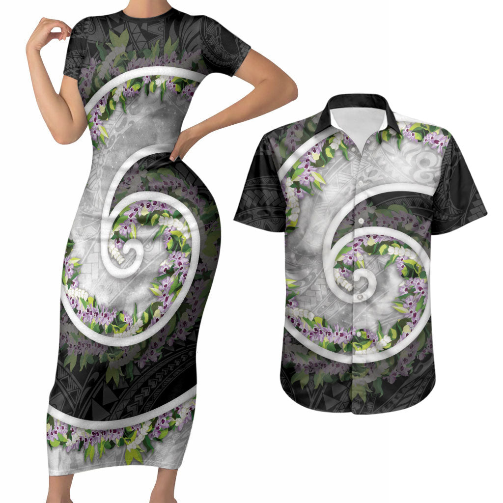 Piko Hawaii Couples Matching Short Sleeve Bodycon Dress and Hawaiian Shirt Polynesian Pattern With Maile Pikake Honohono Lei LT05 Black - Polynesian Pride