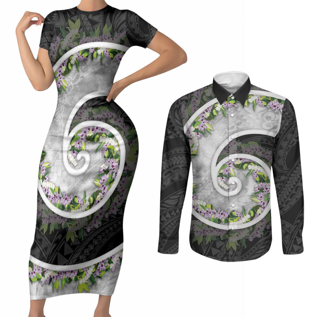 Piko Hawaii Couples Matching Short Sleeve Bodycon Dress and Long Sleeve Button Shirt Polynesian Pattern With Maile Pikake Honohono Lei LT05 Black - Polynesian Pride
