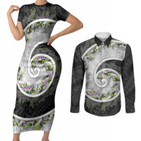Piko Hawaii Couples Matching Short Sleeve Bodycon Dress and Long Sleeve Button Shirt Polynesian Pattern With Maile Pikake Honohono Lei LT05 Black - Polynesian Pride