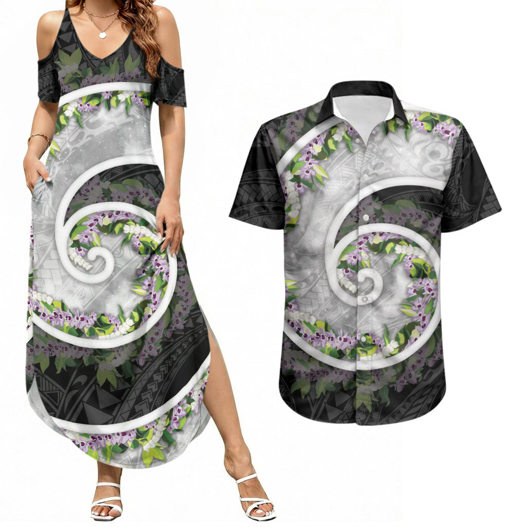 Piko Hawaii Couples Matching Summer Maxi Dress and Hawaiian Shirt Polynesian Pattern With Maile Pikake Honohono Lei LT05 Black - Polynesian Pride