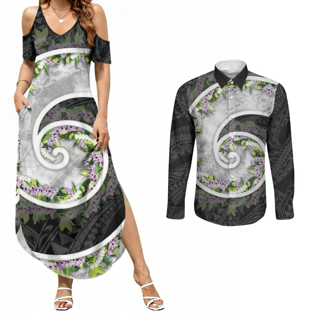 Piko Hawaii Couples Matching Summer Maxi Dress and Long Sleeve Button Shirt Polynesian Pattern With Maile Pikake Honohono Lei LT05 Black - Polynesian Pride