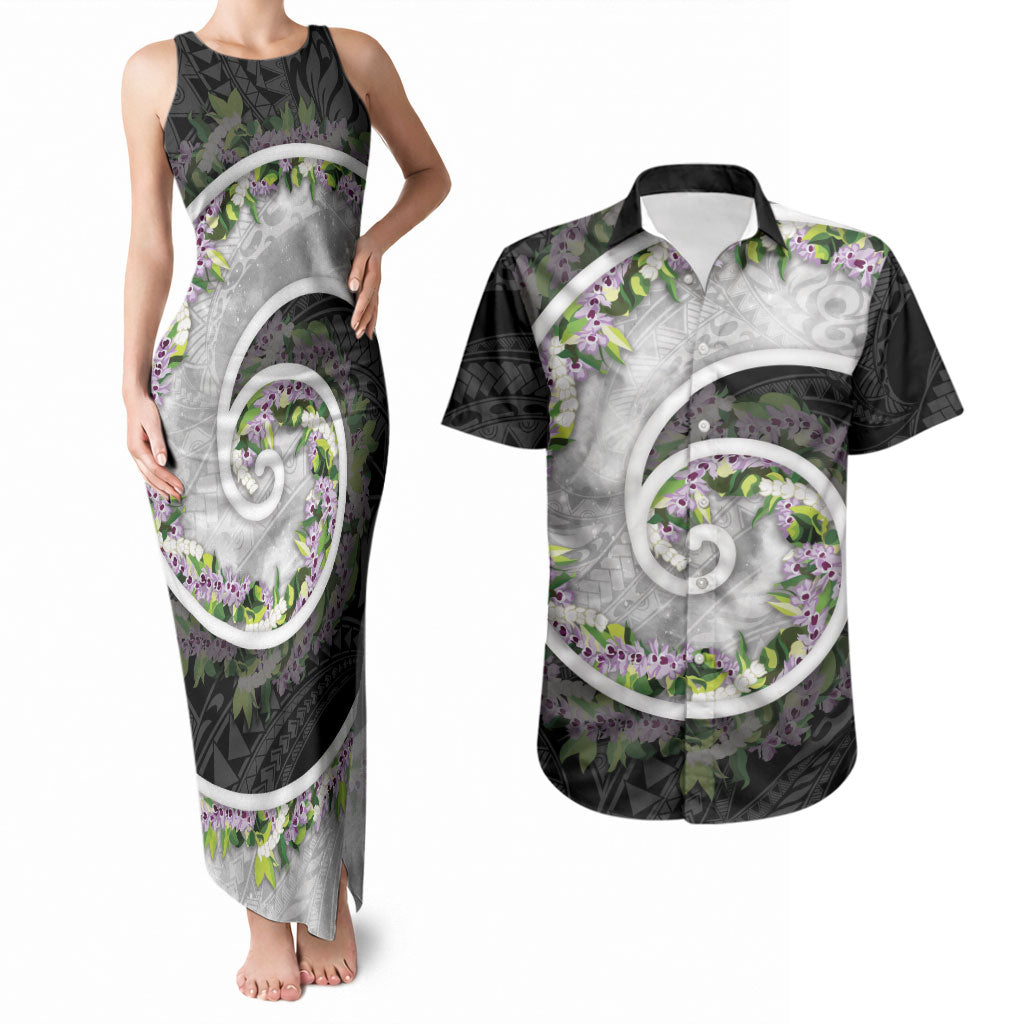Piko Hawaii Couples Matching Tank Maxi Dress and Hawaiian Shirt Polynesian Pattern With Maile Pikake Honohono Lei LT05 Black - Polynesian Pride