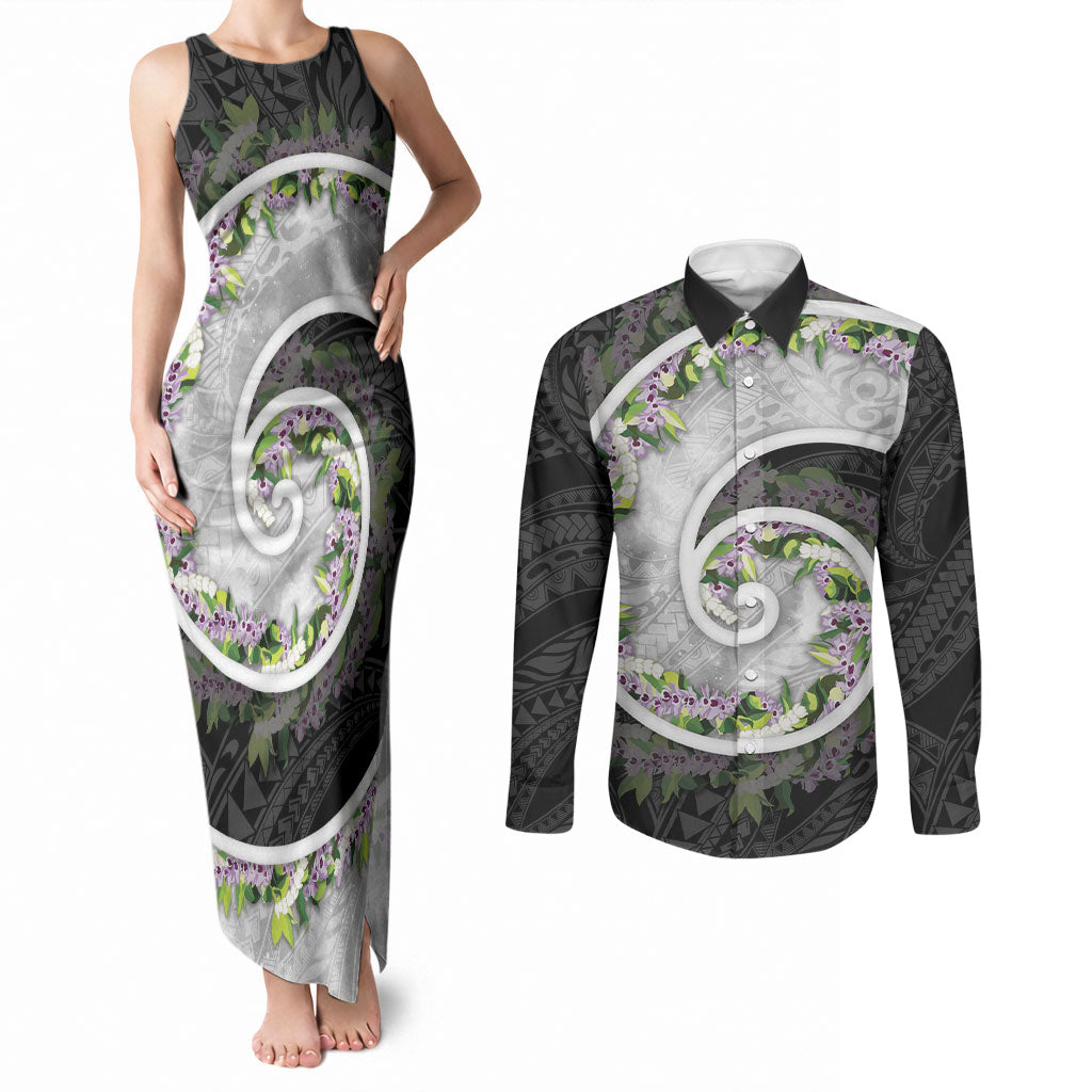 Piko Hawaii Couples Matching Tank Maxi Dress and Long Sleeve Button Shirt Polynesian Pattern With Maile Pikake Honohono Lei LT05 Black - Polynesian Pride