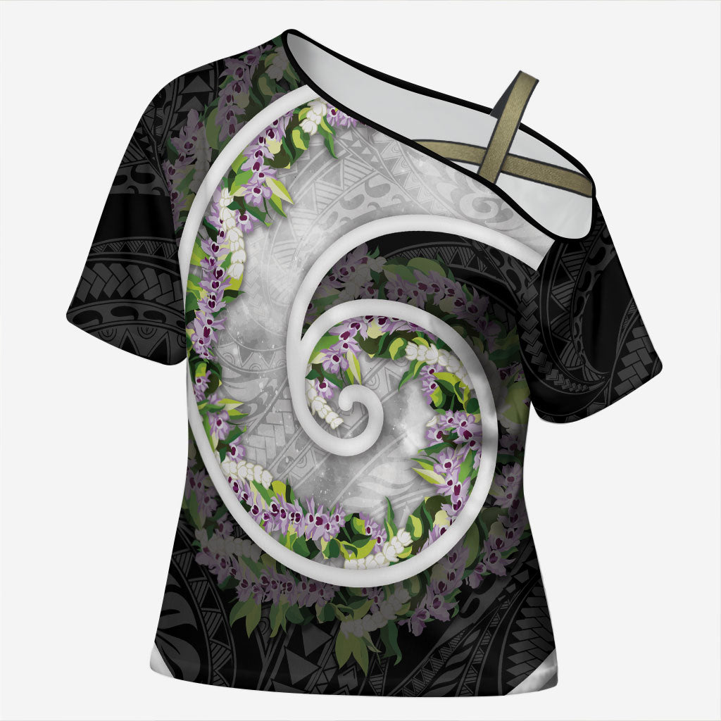 Piko Hawaii Cross Shoulder Shirt Polynesian Pattern With Maile Pikake Honohono Lei LT05 Female Black - Polynesian Pride