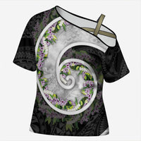 Piko Hawaii Cross Shoulder Shirt Polynesian Pattern With Maile Pikake Honohono Lei LT05 Female Black - Polynesian Pride