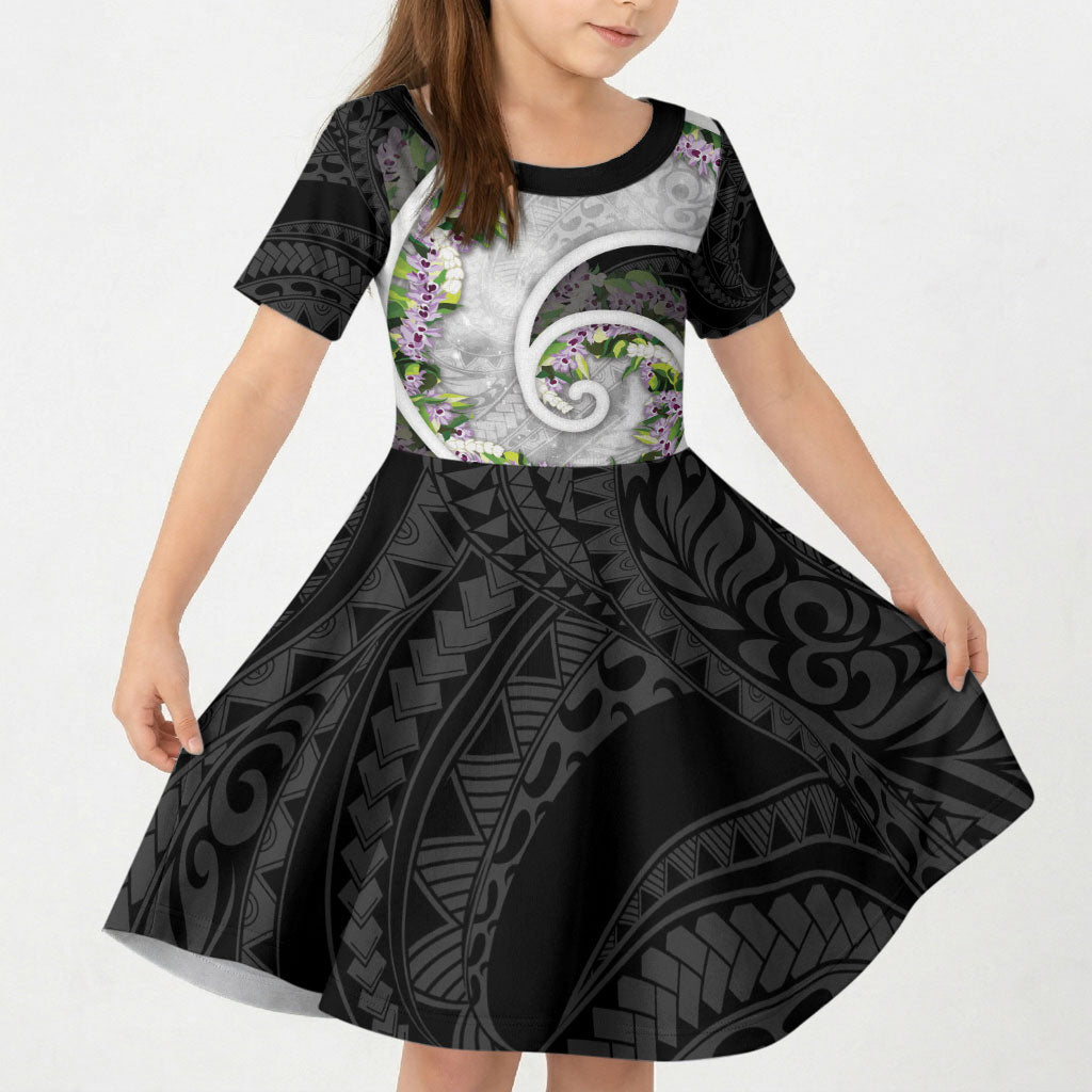 Piko Hawaii Kid Short Sleeve Dress Polynesian Pattern With Maile Pikake Honohono Lei LT05 KID Black - Polynesian Pride