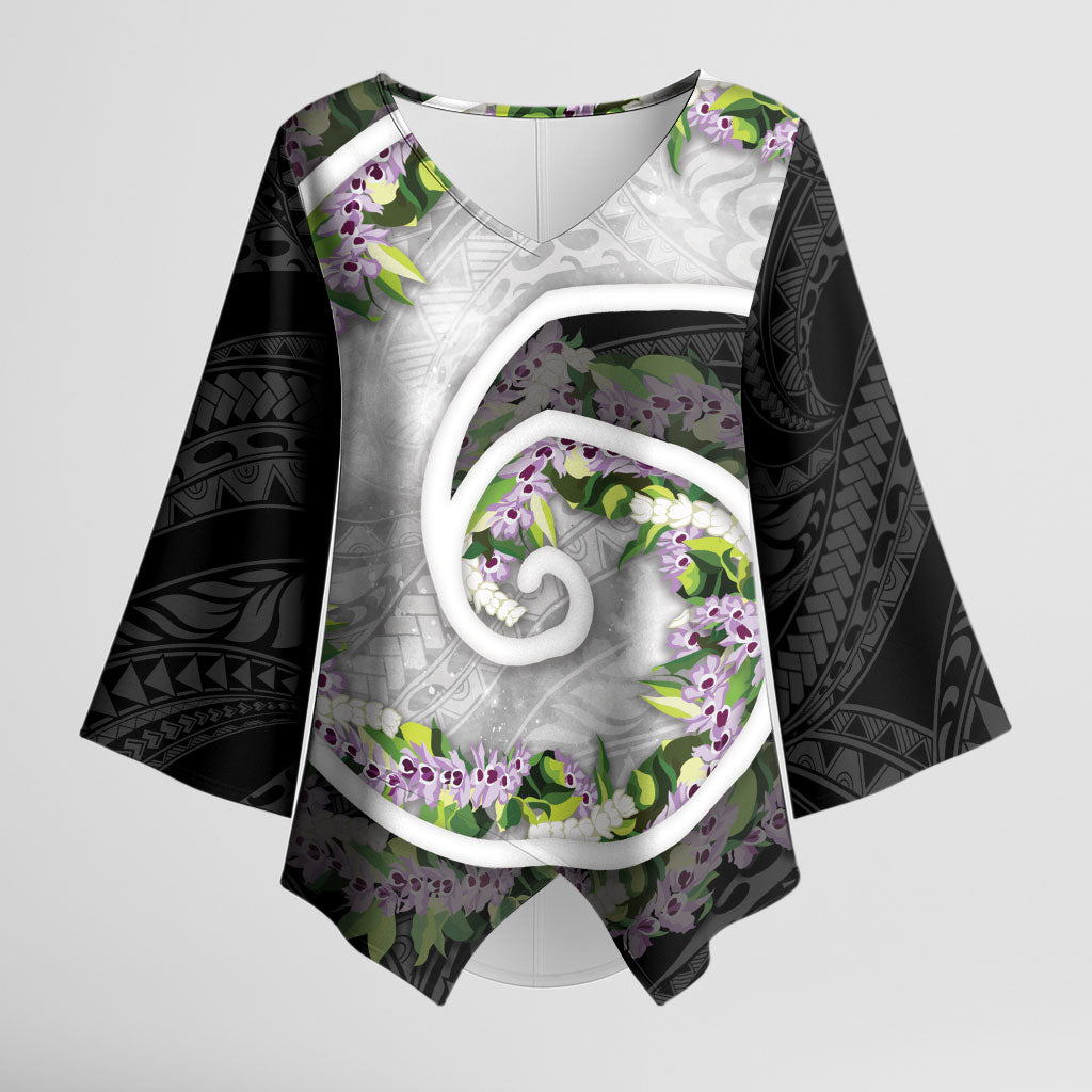 Piko Hawaii Kimono Sleeve Blouse Polynesian Pattern With Maile Pikake Honohono Lei LT05 Female Black - Polynesian Pride