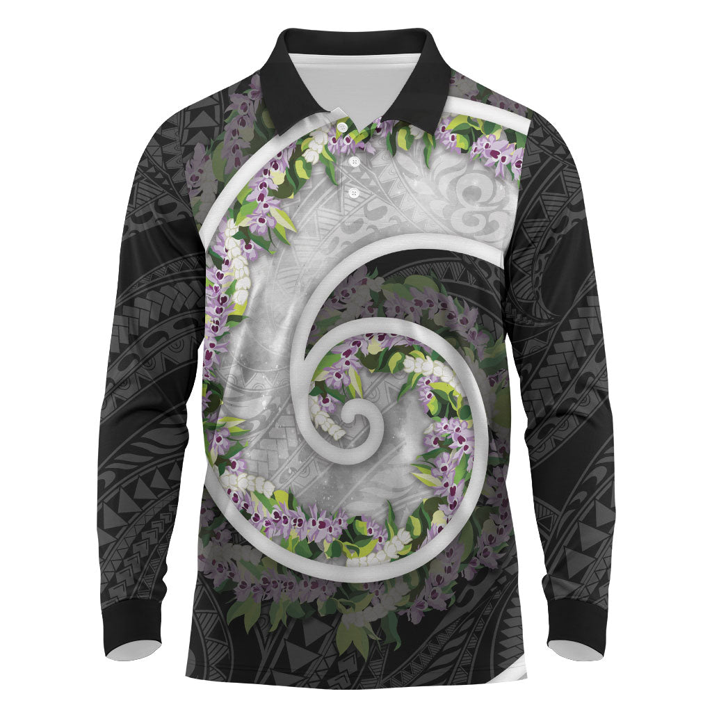 Piko Hawaii Long Sleeve Polo Shirt Polynesian Pattern With Maile Pikake Honohono Lei LT05 Black - Polynesian Pride