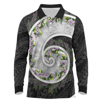 Piko Hawaii Long Sleeve Polo Shirt Polynesian Pattern With Maile Pikake Honohono Lei LT05 Black - Polynesian Pride