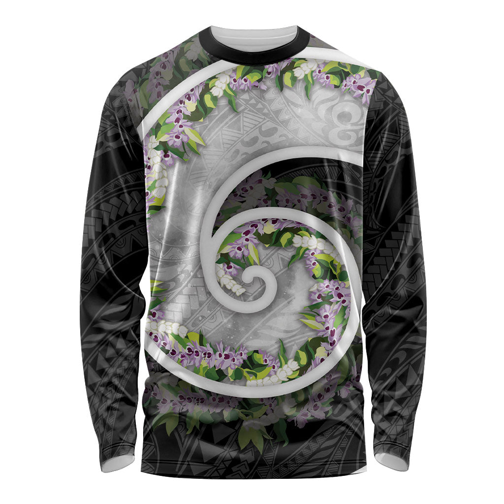 Piko Hawaii Long Sleeve Shirt Polynesian Pattern With Maile Pikake Honohono Lei LT05 Unisex Black - Polynesian Pride