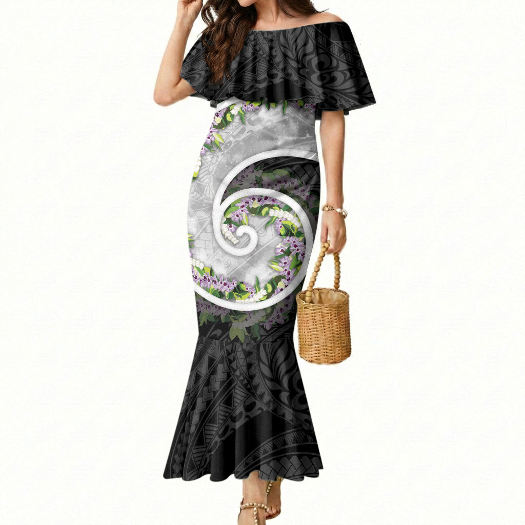 Piko Hawaii Mermaid Dress Polynesian Pattern With Maile Pikake Honohono Lei LT05 Women Black - Polynesian Pride