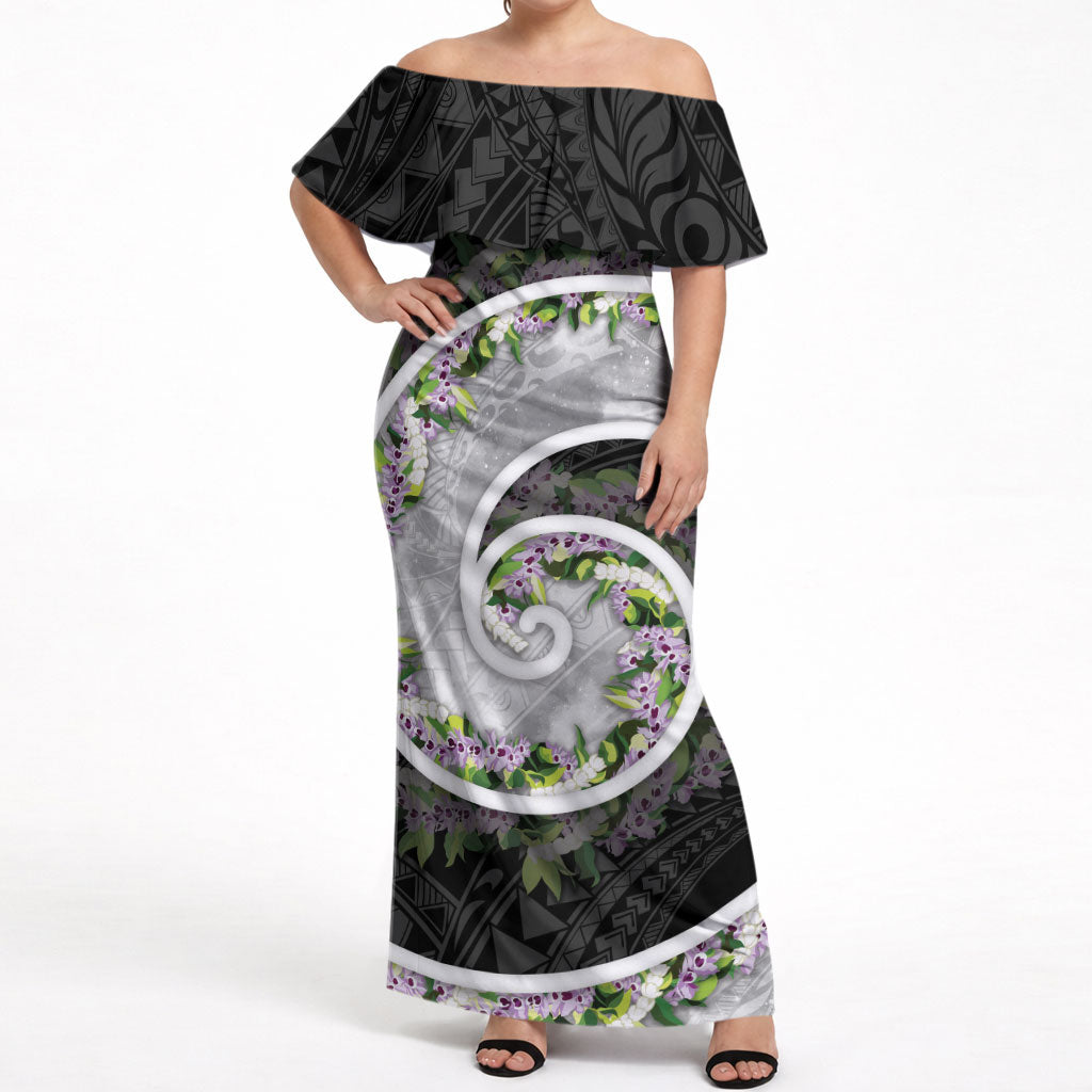 Piko Hawaii Off Shoulder Maxi Dress Polynesian Pattern With Maile Pikake Honohono Lei LT05 Women Black - Polynesian Pride