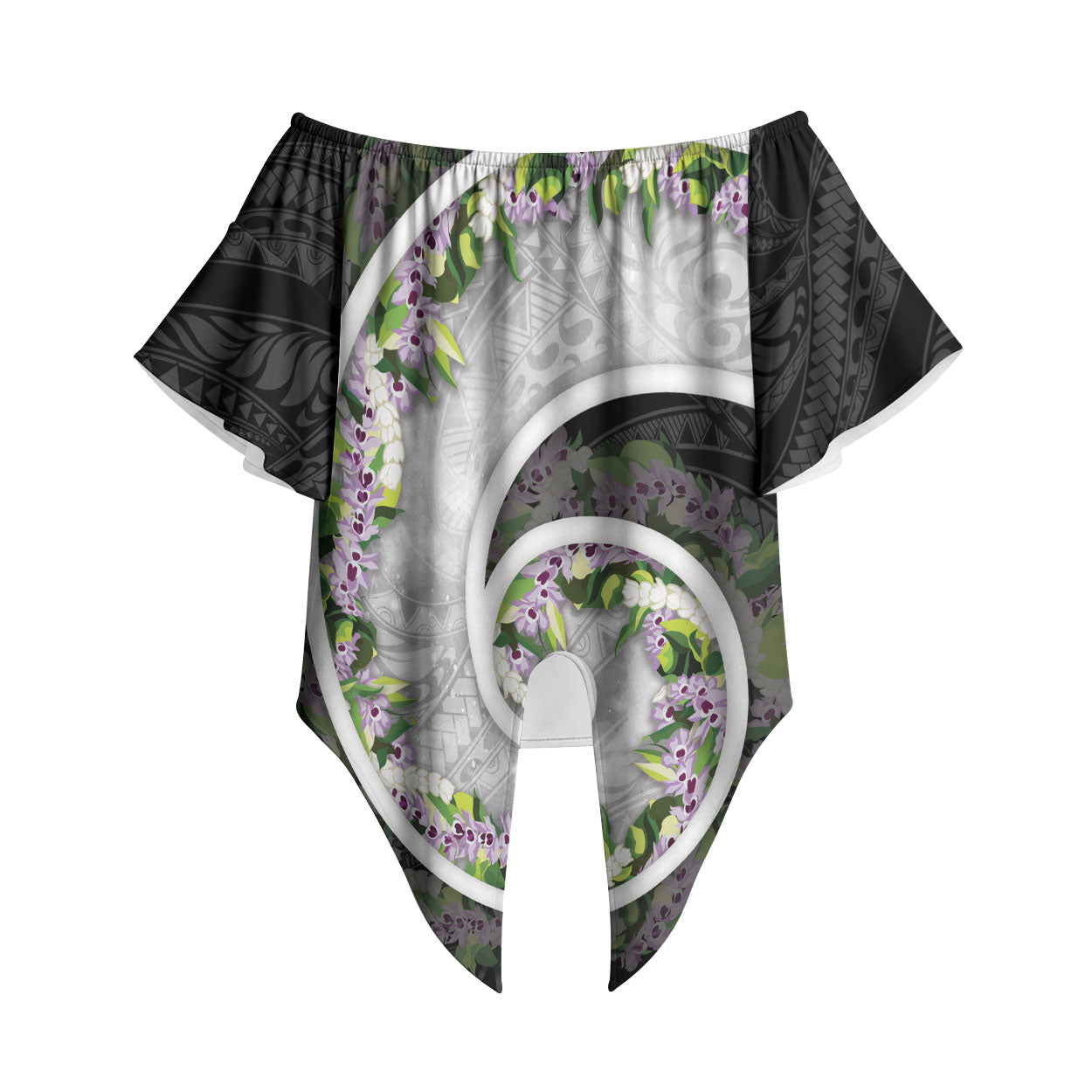 Piko Hawaii Off Shoulder Wrap Waist Top Polynesian Pattern With Maile Pikake Honohono Lei LT05 Black - Polynesian Pride