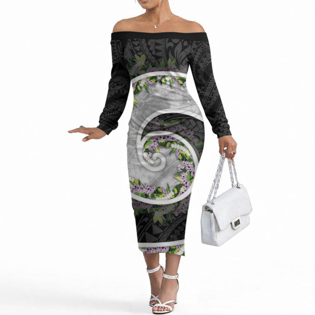 Piko Hawaii Off The Shoulder Long Sleeve Dress Polynesian Pattern With Maile Pikake Honohono Lei LT05 Women Black - Polynesian Pride