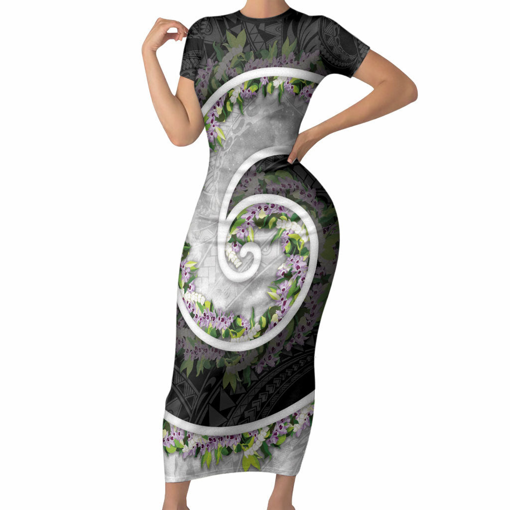 Piko Hawaii Short Sleeve Bodycon Dress Polynesian Pattern With Maile Pikake Honohono Lei LT05 Long Dress Black - Polynesian Pride
