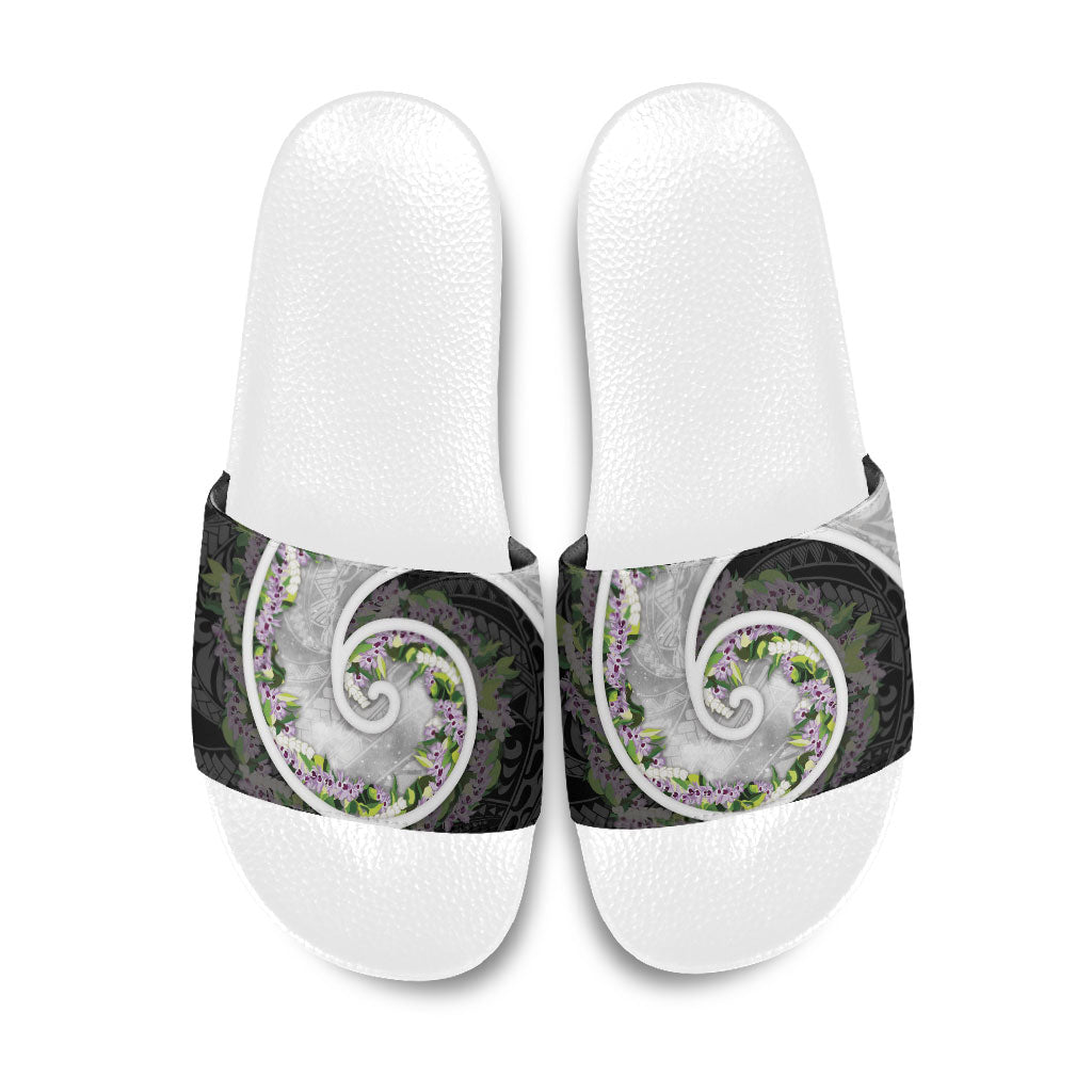 Piko Hawaii Slide Sandals Polynesian Pattern With Maile Pikake Honohono Lei LT05 Black - Polynesian Pride