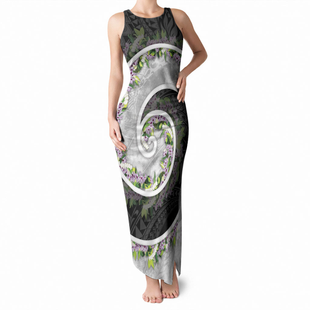 Piko Hawaii Tank Maxi Dress Polynesian Pattern With Maile Pikake Honohono Lei LT05 Women Black - Polynesian Pride