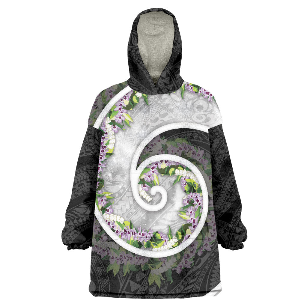 Piko Hawaii Wearable Blanket Hoodie Polynesian Pattern With Maile Pikake Honohono Lei LT05 One Size Black - Polynesian Pride