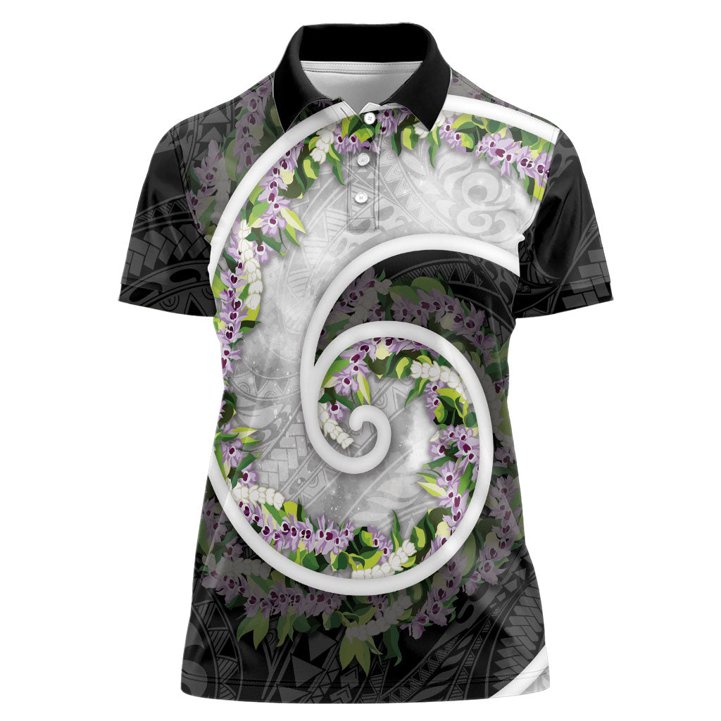 Piko Hawaii Women Polo Shirt Polynesian Pattern With Maile Pikake Honohono Lei LT05 Female Black - Polynesian Pride