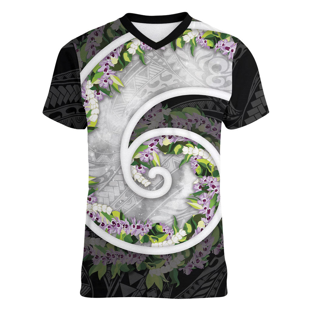 Piko Hawaii Women V-Neck T-Shirt Polynesian Pattern With Maile Pikake Honohono Lei LT05 Female Black - Polynesian Pride