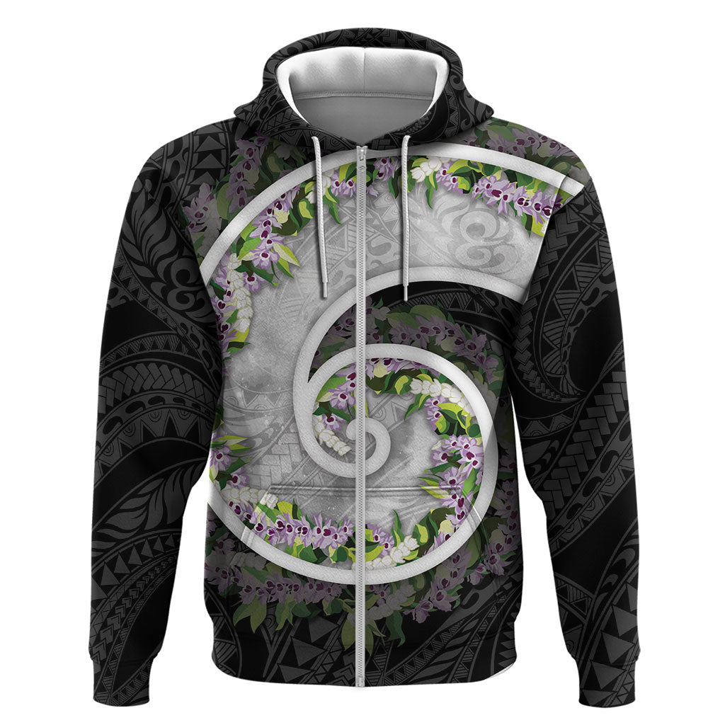 Piko Hawaii Zip Hoodie Polynesian Pattern With Maile Pikake Honohono Lei LT05 Zip Hoodie Black - Polynesian Pride