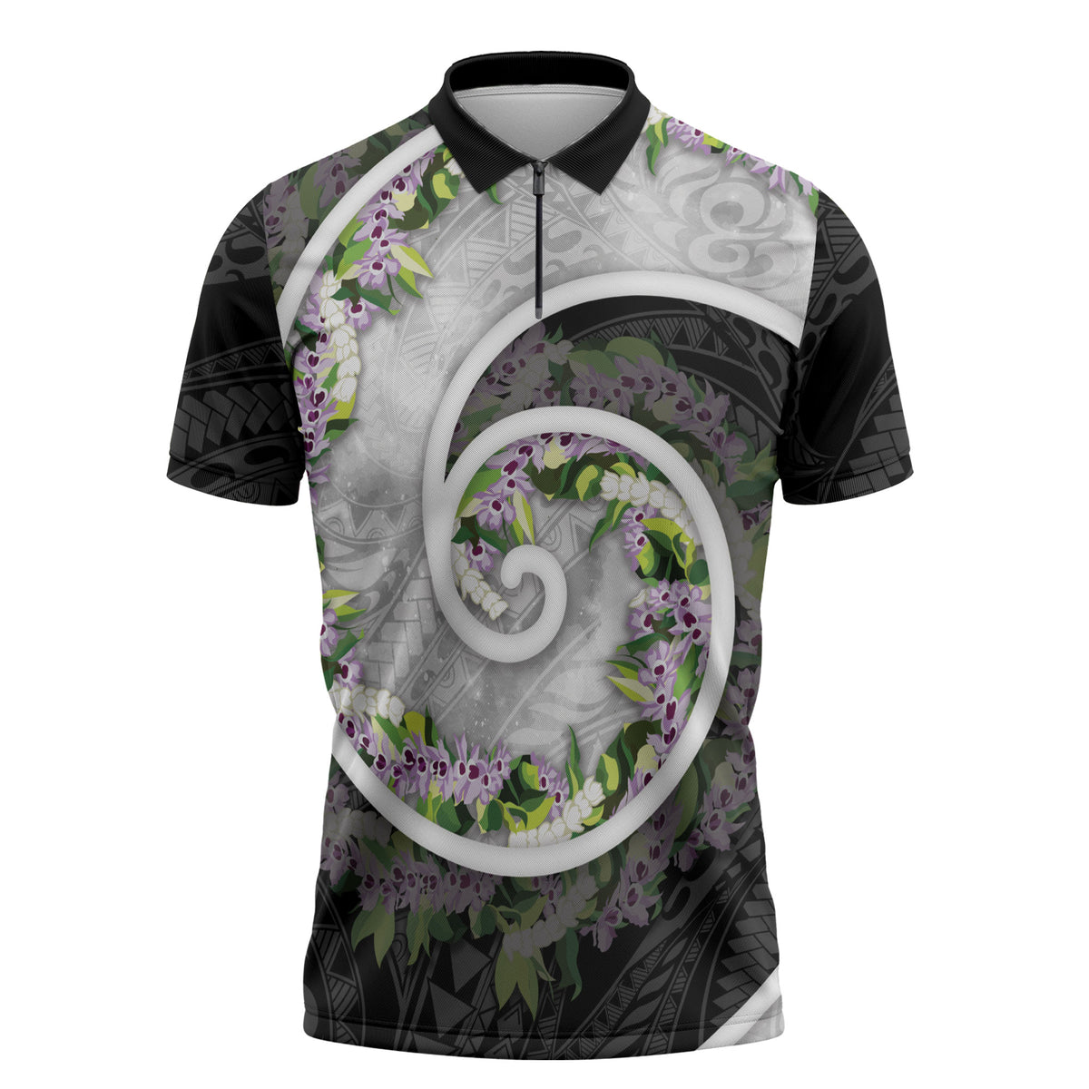 Piko Hawaii Zipper Polo Shirt Polynesian Pattern With Maile Pikake Honohono Lei LT05 Black - Polynesian Pride