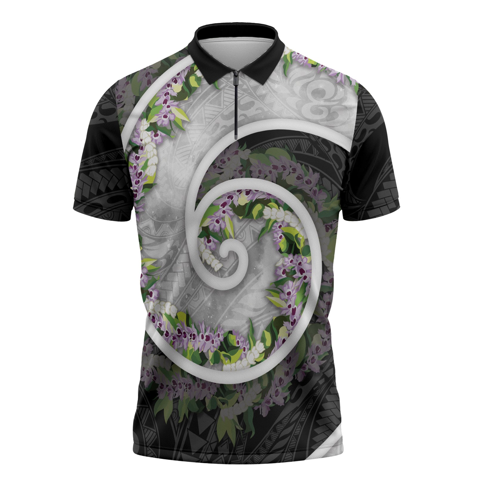 Piko Hawaii Zipper Polo Shirt Polynesian Pattern With Maile Pikake Honohono Lei LT05 Black - Polynesian Pride
