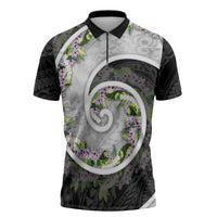 Piko Hawaii Zipper Polo Shirt Polynesian Pattern With Maile Pikake Honohono Lei LT05 Black - Polynesian Pride