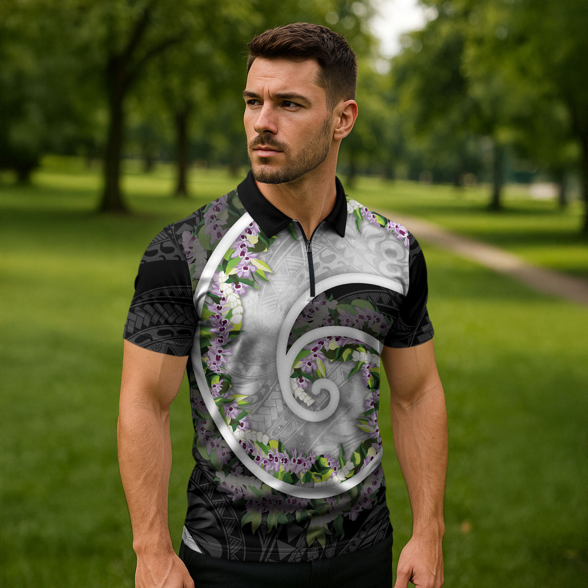 Piko Hawaii Zipper Polo Shirt Polynesian Pattern With Maile Pikake Honohono Lei LT05 - Polynesian Pride