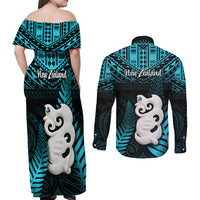 New Zealand Couples Matching Off Shoulder Maxi Dress and Long Sleeve Button Shirts Manaia Maori Pattern With Turquoise Fern LT05 - Polynesian Pride