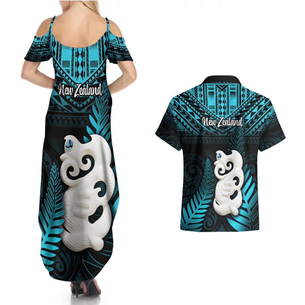 New Zealand Couples Matching Summer Maxi Dress and Hawaiian Shirt Manaia Maori Pattern With Turquoise Fern LT05 - Polynesian Pride